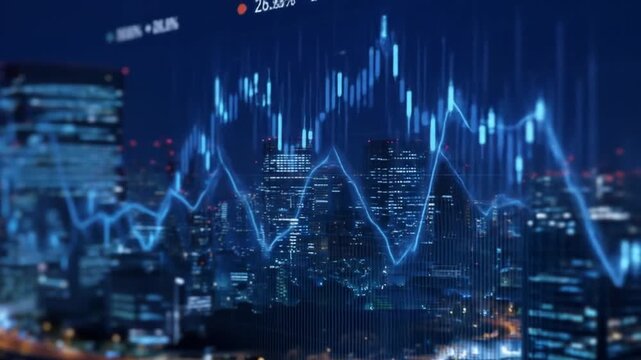 Nighttime cityscape featuring a vibrant financial graph overlay, showcasing market trends and data analysis with illuminated skyscrapers in the background, ideal for finance-related content - Powered by Adobe