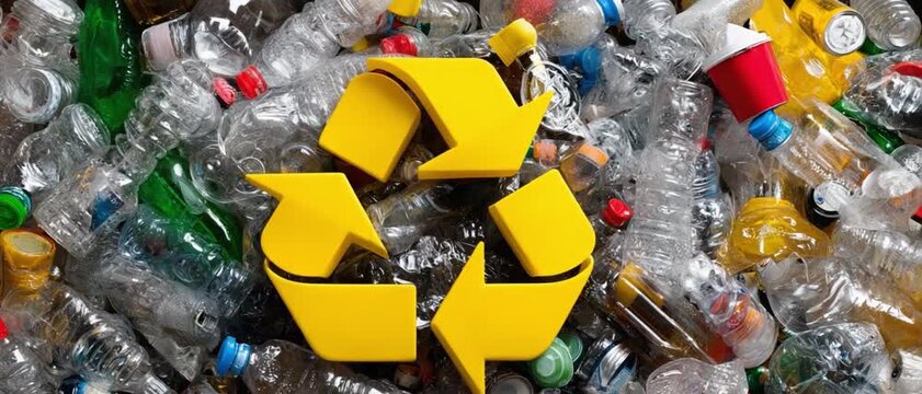 Recycle Symbol on Bottles: Illustrating environmental consciousness, the image captures a pile of transparent plastic bottles, prominently featuring a vibrant recycle symbol in the center.