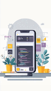 Modern mobile development workspace illustration, showcasing a smartphone with vibrant code editor interface, surrounded by essential desk items for digital innovation and software creation