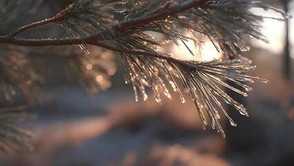 Pine needles coated with ice and frost on a branch, glowing in warm winter sunlight. Concept Frost-coated pine needles in warm winter sunlight, Ice crystals on evergreen branch sunlit glow