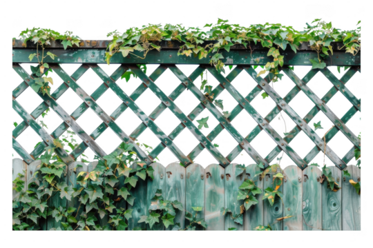 Green fence with climbing vines on transparent background