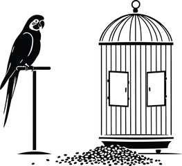A monochrome illustration of a parrot perched near a birdcage with scattered seeds around it