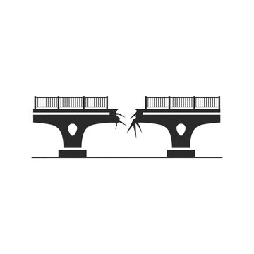 Broken Bridge Icon with Gap - Damaged Infrastructure Symbolizing Disconnection, Obstacles, Crisis, and Communication Breakdown. Flat Vector Graphic