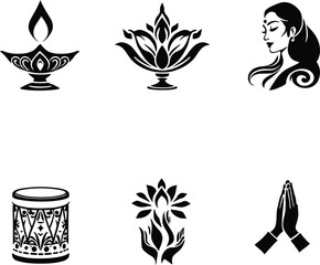 Collection of six black and white indian cultural symbols and traditional design elements shown neatly