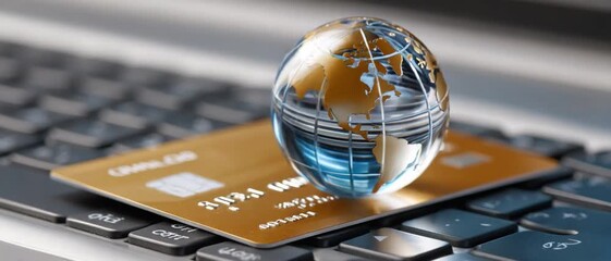 Global Transactions: A conceptual representation of global commerce is depicted, showcasing a crystal globe resting on a credit card placed over a laptop keyboard. - Powered by Adobe
