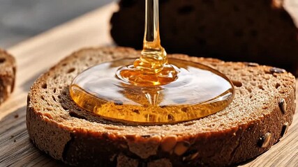 Thick slice of rye bread with honey drizzle

