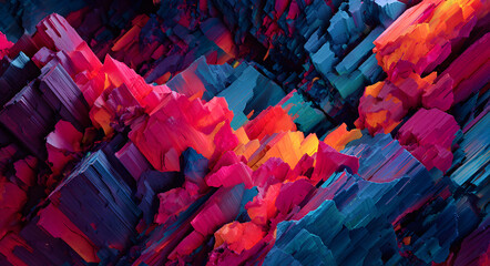 Abstract digital glitch art with red and blue geometric shapes