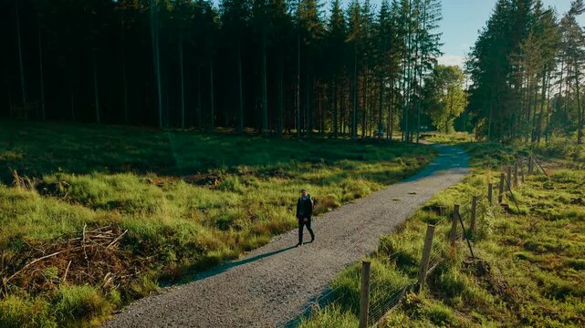 Explorer walking along sunny forest road beside fence. Person hiking down gravel trail near wooded area under clear sky. Traveller moving through green countryside path in bright daylight