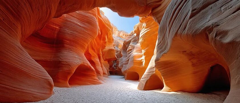Radiant Canyon: A breathtaking view inside a sandstone canyon, with swirling patterns in warm hues, reveals the majesty of nature's artistry. The play of light and shadow.