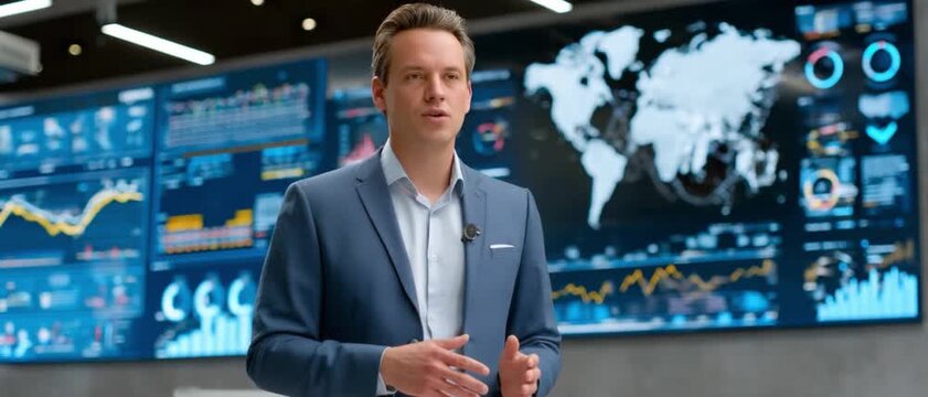 Confident Executive: A focused executive stands confidently against a backdrop of complex data visualizations and world map, delivering insights and charting a course for the future.
