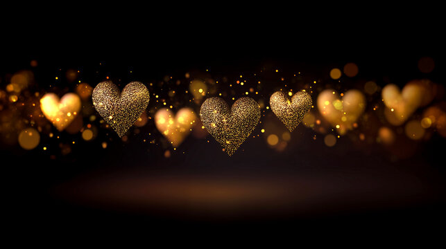 ゴールドのきらめくハートと光のボケ背景 ラグジュアリーなバレンタイン・ウェディング用バナー