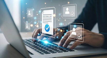Person using a laptop with icons of a document and profile pictures with checkmarks, representing compliance and verification.