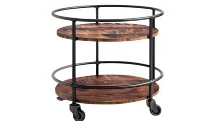 A wooden and metal rolling cart on transparent background