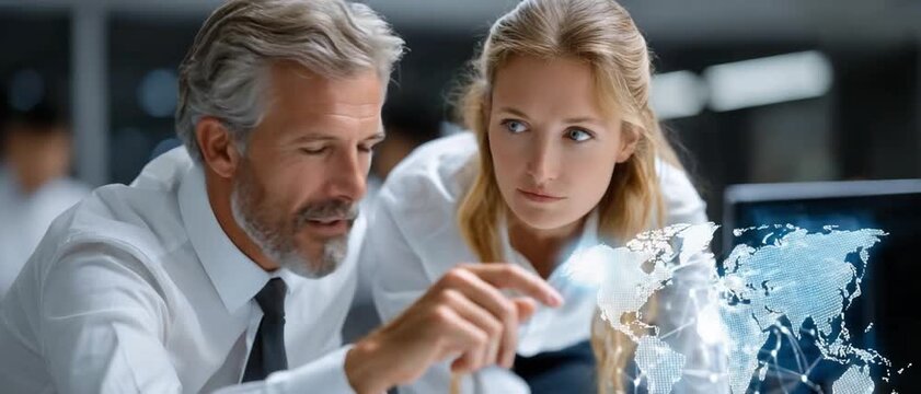 Global Collaboration: Focused business professionals, deep in discussion, analyze a holographic world map, symbolizing the power of collaboration and global connectivity. 