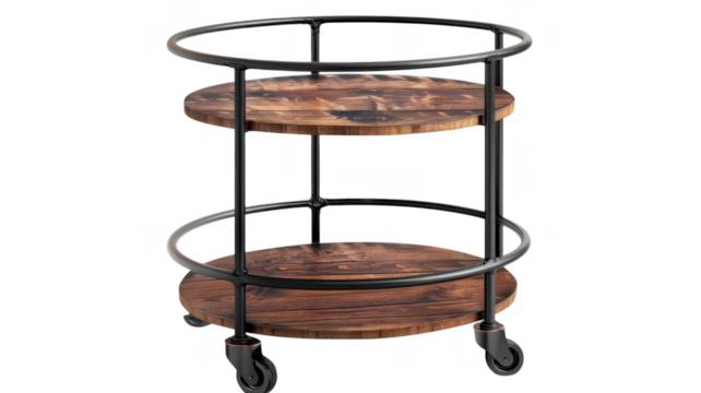 A wooden and metal rolling cart on transparent background