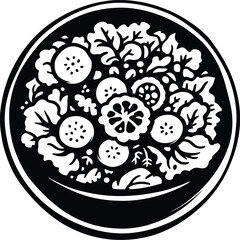 Black and white graphic illustration of a salad bowl with cucumbers and leafy greens inside it