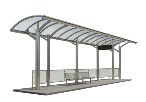 Isolated bus shelter with steel frame and curved transparent roof against no background - Powered by Adobe