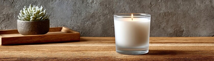 Organic white aroma candle glass jar concept. A calming candle set on a rustic wooden table with a plant.