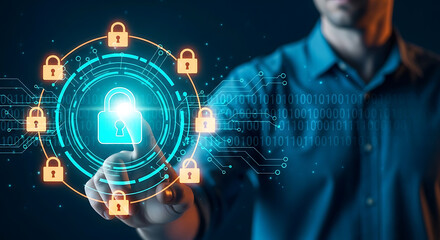 Person touching a digital padlock surrounded by smaller padlocks and binary code, representing cybersecurity.