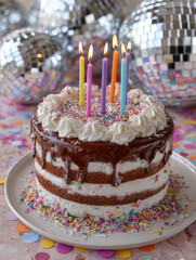 A colorful birthday cake with candles and disco balls.