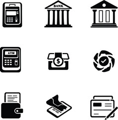 Collection of financial icons including bank atm wallet and transaction symbols in black and white