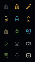 A collection of vibrant neon outline vector icons representing digital security, access control, and protection, featuring padlocks, keys, and shield symbols, ideal for web and app design interfaces