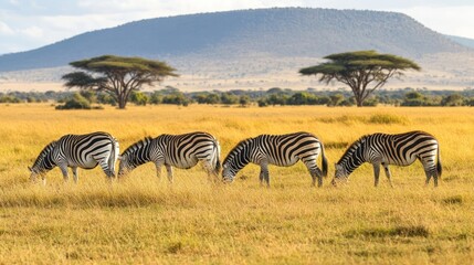 Naklejka premium A herd of zebras grazes peacefully in a vast african savannah landscape