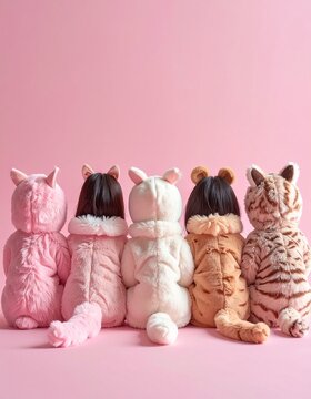  animal onesies sitting in a row on pink background
ピンクの背景で動物の着ぐるみ並ぶ後ろ姿