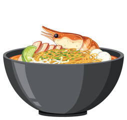 Shrimp Noodle Soup in Black Bowl Vector Illustration