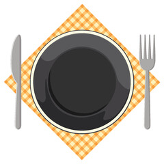 Black Dinner Plate with Cutlery on Checkered Napkin