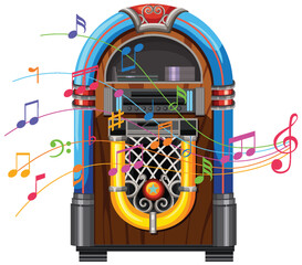 Retro Jukebox with Colorful Musical Notes Illustration