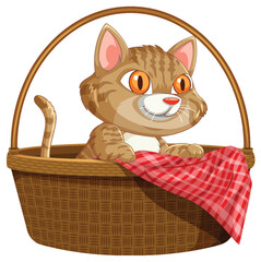 Tabby Cat Sitting in Wicker Basket with Red Cloth