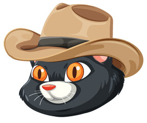 Black Cat Wearing Cowboy Hat Vector Illustration