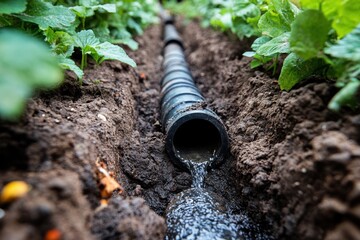 Buried water pipe installation with minimalism in a garden setting