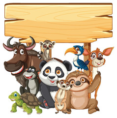 Cartoon Wild Animals Group with Blank Wooden Sign