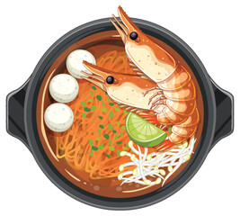 Thai Shrimp Noodle Soup Vector Illustration