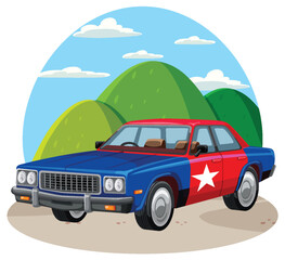 Classic Blue and Red Sedan with Star Emblem Outdoors