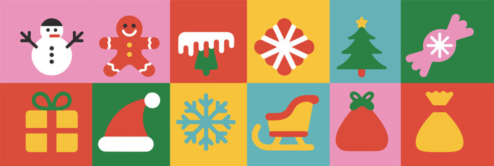 Retro Pastel Christmas Vector Set, Flat Holiday Icons with Snowman, Tree, Candy, and Snowflakes