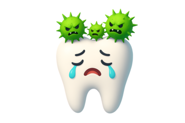 3d render of a sad crying cartoon tooth character with an unhappy expression attacked by green angry bacteria or viruses for dental health toothache isolated on transparent background