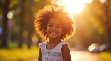 Little happy dark-skinned afro girl with voluminous hair in the summer in the rays of the sun