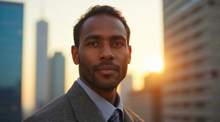 A dark-skinned businessman in a gray striped jacket in the evening at sunset near skyscrapers
