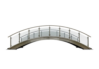 Isolated architectural metal arched pedestrian bridge crossing with glass guardrails
