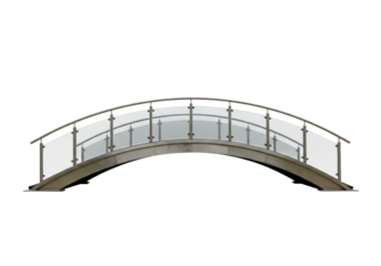 Isolated architectural metal arched pedestrian bridge crossing with glass guardrails