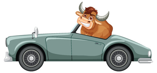 Cartoon Bull Driving Classic Convertible Car