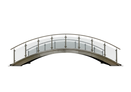 Isolated architectural metal arched pedestrian bridge crossing with glass guardrails
