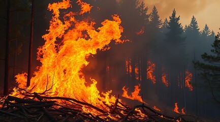 A view from below as a large fire destroys a forest on the rise in the evening