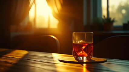 A glass of alcohol stands on a wooden table and on a stand at home in the evening