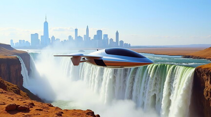 A futuristic electric car flying from the future arrives near a waterfall, a desert, and a city in the distance.