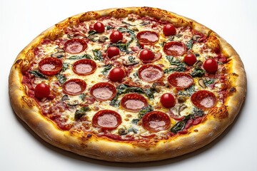 Delicious pepperoni pizza with fresh tomatoes and basil for delivery advertisement ideas