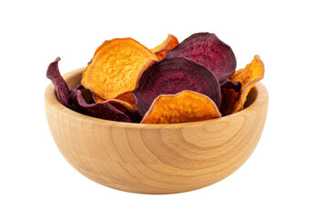 Isolated colorful sweet potato and beetroot chips in a wooden bowl are a healthy snack